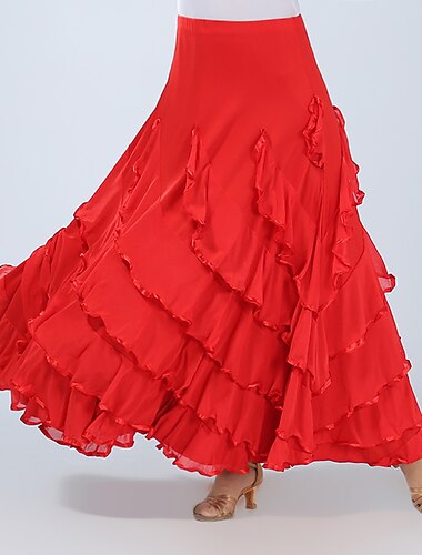  ריקודים סלוניים חצאיות קפלים צבע טהור שחבור בגדי ריקוד נשים הצגה הדרכה גבוה ספנדקס