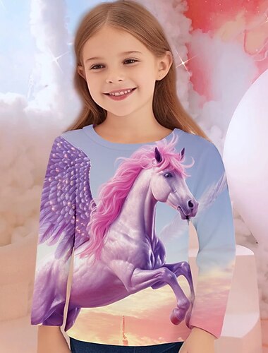  Mädchen 3D Einhorn T-Shirt Hemden Langarm 3D-Druck Herbst Winter Aktiv Modisch Kuschelig kinderkleidung 3-12 Jahre Rundhalsausschnitt Outdoor Casual Täglich Regular Fit