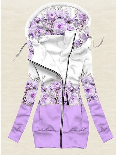  Mujer Sudadera con cremallera Floral Casual Deportes Estampado Correa Cerrar Rosa Azul Piscina Morado Activo Ropa deportiva Sudadera Manga Larga Top Microelástico Otoño invierno