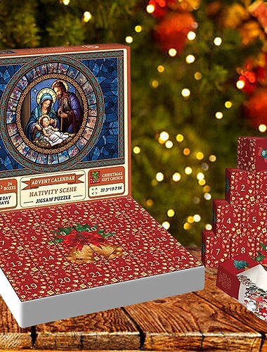  adventskalender 2024, julekrybbe puslespill 1000 biter, puslespill puslespill nedtellingskalender for julegaver,24 esker puslespill for nedtelling, belen dekorasjon