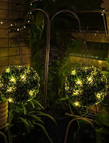  مصباح معلق على شكل كرة عشبية يعمل بالطاقة الشمسية في الهواء الطلق، مصباح ثريا زخرفي محاكاة على شكل كرة عشبية لحديقة الحديقة، إضاءة ديكورية للعطلات، ضياء 14 سم