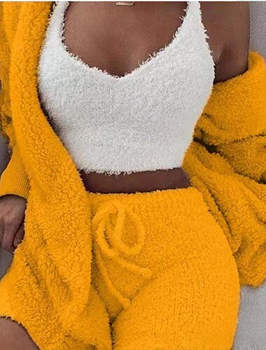  Warm Fuzzy Pajama Set 3PCS Long Sleeve Hooded Robe & Tank Top & Drawstring Shorts Women's Sleepwear & Loungewear