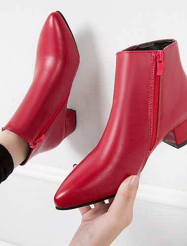  Botas femininas vermelhas de cano curto – botinhas de salto bloco de couro sintético com bico fino e zíper lateral para looks de escritório, casuais e de outono-inverno