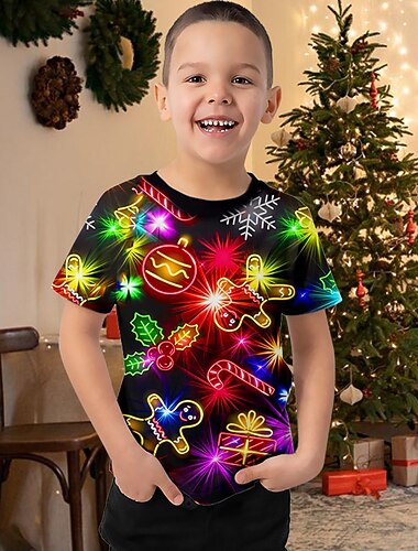  Weihnachten Jungen 3D Lebkuchenmänner T-Shirt Hemd Kurzarm 3D-Druck Herbst Aktiv Sport Modisch Polyester kinderkleidung 3-12 Jahre Outdoor Casual Täglich Regular Fit