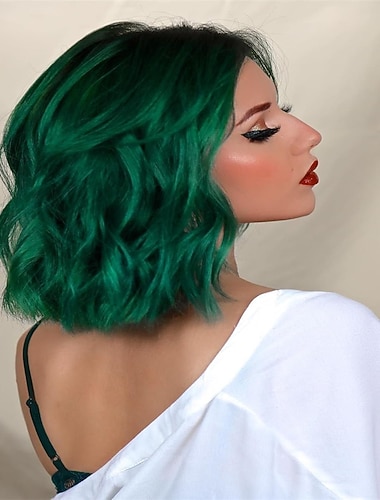  jolelyne grön lockig vågig bob peruk med &nbsp; lugg mörkgrön vågig bob peruk för kvinnor kort lockig bob olivgrön peruk med gardin lugg lockig bob peruk med lugg grön bob vågiga peruker för kvinnor