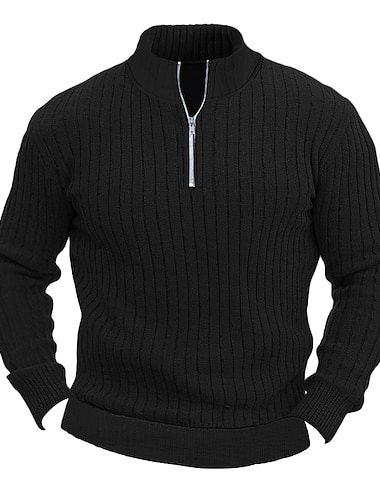  Men's Knitwear Pullover Ribbed Knit Regular Basic Plain Quarter Zip Keep Warm Modern Contemporary Daily Wear Going out Clothing Apparel Fall Winter Black White M L XL