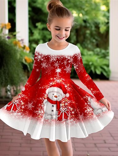  Girls ' 3D Sněhulák Sněhová vločka Šaty Dlouhý rukáv 3D tisk Podzim Zima Sporty a outdoor Denní Dovolená Roztomilý Na běžné nošení Krásná Děti 3-12 let Volnočasové šaty Áčkové šaty Nad kolena