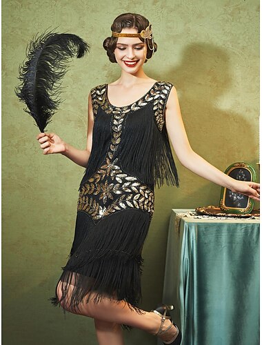  Glada 20-talet 1920-talet Flapper-klänning Klänningar Cocktailklänning Den store Gatsby charleston Bröllopsgäst Paljetter Tofs Dam Nyår Maskerad Bröllop Fest Bröllopsgäst Vuxna Klänning
