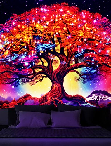  Tapisserie à lumière noire, réactive aux uv, lueur dans la nuit, style boho, arbre de vie suspendu, art mural pour salon et chambre à coucher