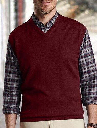  Herren Pullunder Kleid Pullover Zur Seite fahren Gerippt Stricken Standard Strick Glatt V Ausschnitt Moderne zeitgenössische Arbeit Freizeitskleidung Bekleidung Ärmellos Winter Kamel Wein S M L
