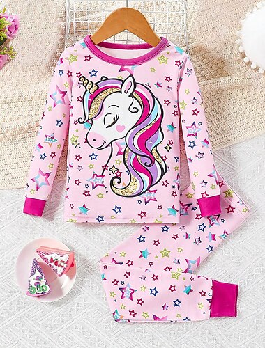  Da ragazza 3D Unicorno Set pigiama Rosa Manica lunga Stampa 3D Autunno Inverno Attivo Di tendenza stile sveglio Bambino 3-12 anni Girocollo Interni Casual Al coperto Standard
