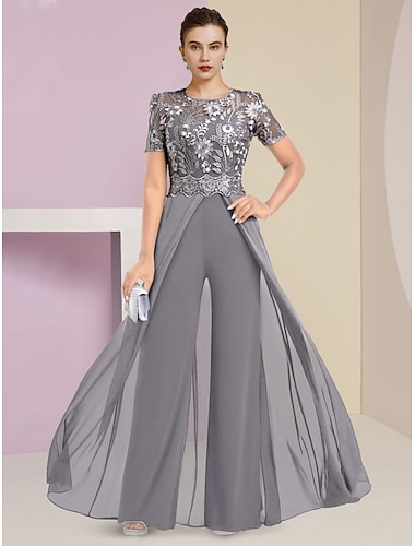  Hosenanzug Brautmutterkleid kleid hochzeitsgast Elegant Schmuck Knöchellänge Stretch Chiffon Kurzarm mit Spitze Plissee 2024