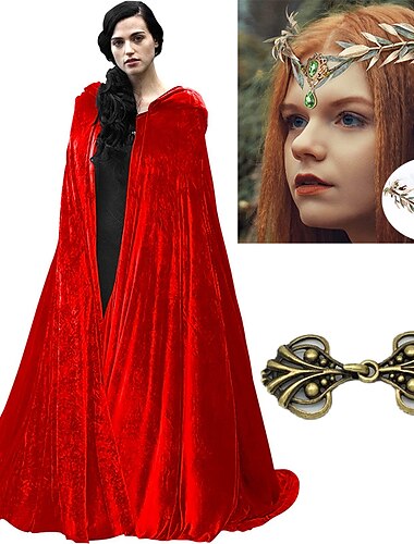  Set mit Kapuzen-Samtumhang, Feenblatt-Strass-Stirnband, Vintage-Umhang-Clips, 3-teiliges Outfit, in voller Länge, Kapuzenmantel, Umhang, Halloween, Karneval, Wikinger, Elfe, Fee, Hexe, Larp,