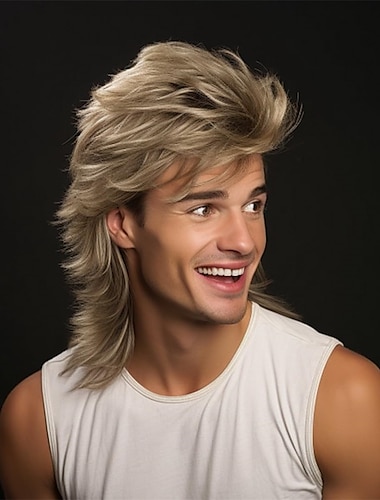  blond mullet peruk|vuxen roliga peruker för män|pop rock peruk|joe dirt peruk för 70-tal|80-talsperuk