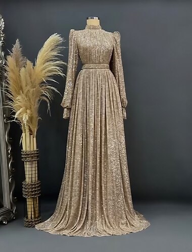  A-Linien Abendkleid Elegantes Kleid Black Tie Bodenlang Lange Ärmel Juwel-Ausschnitt Herbst Hochzeitsgast Pailletten mit Raffung Maskerade Kleid 2025