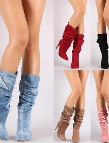  Women's Boots Slouchy Boots Plus Size Heel Boots Outdoor Daily Knee High Boots Winter Stiletto Heel Pointed Toe Elegant Vintage Sexy Faux Suede Zipper Black Pink Red