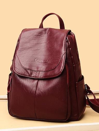  sac à dos en similicuir bordeaux pour femme avec fermeture à rabat et plusieurs compartiments - sac élégant pour tous les jours, le travail et les voyages