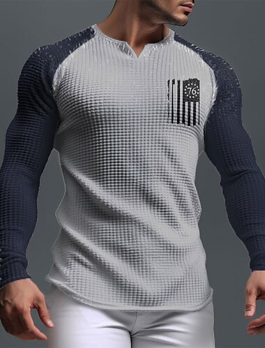  Hombre Graphic 1776 Bandera Camisa de gofres Camiseta Camiseta raglán Manga Larga Camiseta Impresión 3D Escote en Pico Camisa Deportes Diario Casual Deporte Festivos Noche Negro Blanco Azul Marino