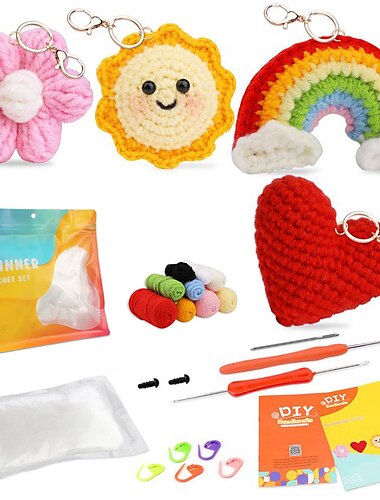  Häkelset für Anfänger, Häkel-Starterset für Anfänger mit Schritt-für-Schritt-Videoanleitungen, Häkelset für Erwachsene für Kinder, Strickset für Anfänger, niedliche Sonne, Regenbogen, Stern, Mond,