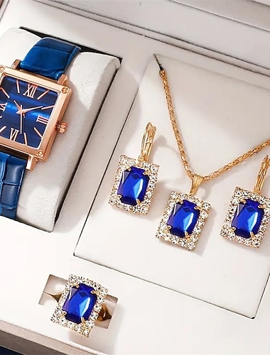  5 stuks/set Dames Horloge Vintage Vierkante Wijzer Kwarts Horloge Analoog Groene Polshorloge  Strass Sieraden Set Moederdagcadeau Voor Mama Haar