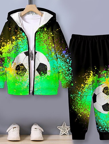  Jungen 3D Fußball Set aus Kapuzenpullover und Jogginghose Set Langarm 3d Drucken Herbst Winter Aktiv Modisch Cool kinderkleidung 3-12 Jahre Outdoor Urlaub Strasse Regular Fit