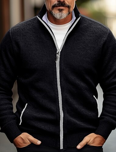  Herren Strickjacke Reißverschluss-Pullover Dicker Strickjacke Gerippt Stricken Abgeschnitten Tasche Gestrickt Farbblock Stehkragen Aufwärmen Moderne zeitgenössische Lässig Alltagskleidung Bekleidung