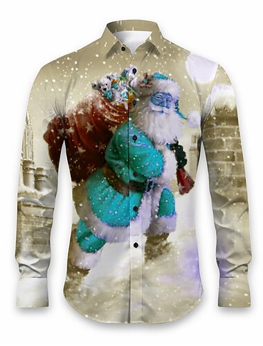  natale uomo babbo natale camicie stampate babbo natale casual abbigliamento quotidiano uscite autunno&amp;camicia invernale a maniche lunghe in tessuto elasticizzato in 4 direzioni, gialla, rossa,