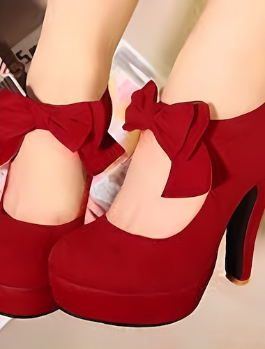  Rode pumps met strik en hoge hak voor dames – vintage suède plateauschoenen voor feest-, bruilofts- en vakantie-outfits