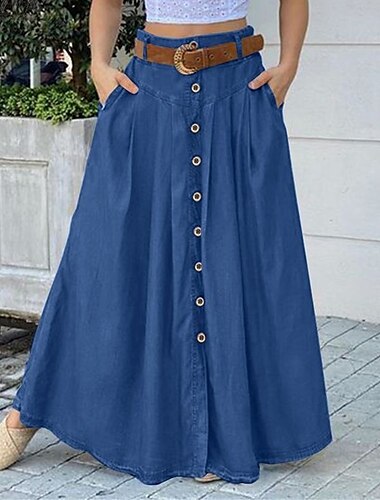  Mujer Falda Línea A Columpio Falda larga Maxi Alta cintura Faldas Bolsillo Color sólido Calle Diario Invierno Poliéster Moda Casual Negro Vino Azul Real