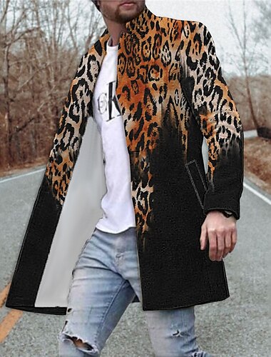  Herr Leopard Grafiska tryck Vinterkappa Rock Kappa Håller värmen Andningsfunktion Bekväm Mode Streetwear Affär Arbete Klä till Jobbet Utekväll Ficka Mönster Höst vinter Nedvikt Långärmad Gul Bl