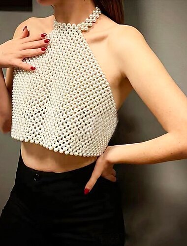  Selästä avoin Niskalenkillä Suojusliivi Crop Tank Top Pearls Beaded Crop Top Yhtenäinen väri Naisten Karnevaali Juhla Klubi Pride-paraati Aikuisten Tankkitoppi