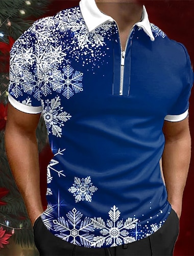  χριστουγεννιάτικη ανδρική χριστουγεννιάτικη σκηνή 3d φερμουάρ πόλο νιφάδα χιονιού casual εκτύπωση 3d φερμουάρ γκολφ υπαίθρια καθημερινή ενδυμασία streetwear πολυεστερικό κοντομάνικο turndown