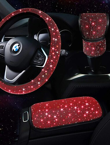  3-teiliges glitzerndes Autozubehör-Set für Damen, glitzernde Lenkradbezüge, universell passend für 15 Zoll