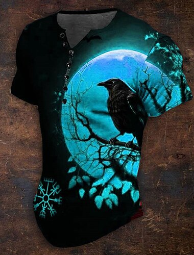 Herren Graphic Krähe Vikinger T Shirt Henley Shirt Kurzarm 3D-Druck Täglich Retro Vintage Klassisch Sports Outdoor Festtage Ausgehen Frühling & Herbst Gelb Rote Blau Grün Henley Henley T-Shirt