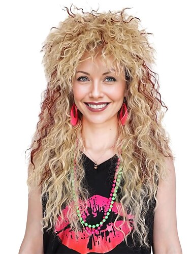  ColorGround Lange Lockige 80er Frauen Blonde mit Rötlich Braun Rocker Perücke Halloween Perücken