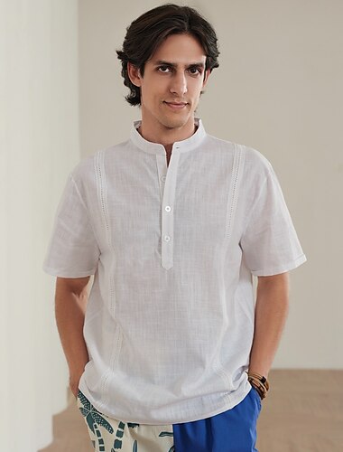  10% linnen Voor heren Overhemd Guayabera-shirt linnen overhemd Popover-shirt Zomer overhemd Strand hemd Zwart Wit Blozend Roze Korte mouw Effen Kraag Zomer Casual Dagelijks Kleding