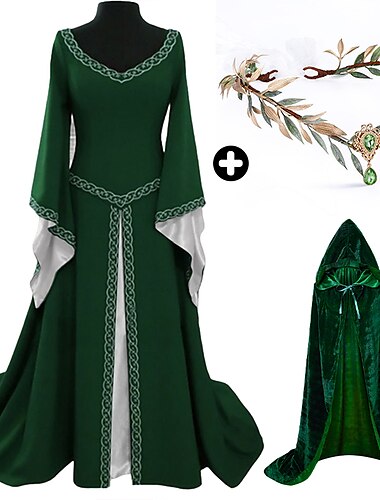  Conjuntos con vestido irlandés glamour nupcial corona de elfo capa con capucha 3 piezas mujer medieval steampunk renacimiento retro vintage vikingo trajes larp cosplay disfraces