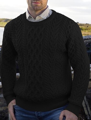  Suéter irlandés para hombre, suéter de punto, suéter de punto con cable acanalado, tops regulares, de punto, liso, cuello redondo, vintage, para mantener el calor, ropa de uso diario, ropa para salir, prendas de vestir, otoño e invierno