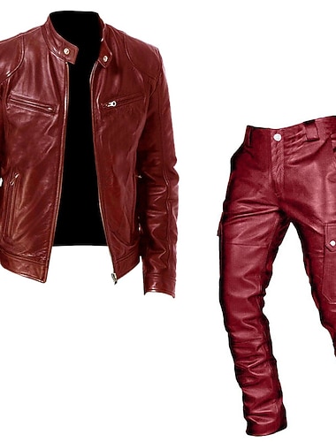  Männlich Kunstlederjacke übergangsjacke Alltagskleidung Alltagstauglich Frontreißverschluss Herbst Winter Einfarbig Punk Rundhalsausschnitt Regulär Schwarz Rote Jacken