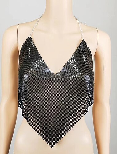  Metallisch Rückenfrei Glitzern Trägertop Körperkette Bauchfreies Tanktop Disco Einfarbig Tiefer V-Ausschnitt Damen Karneval Party Club Tanktop