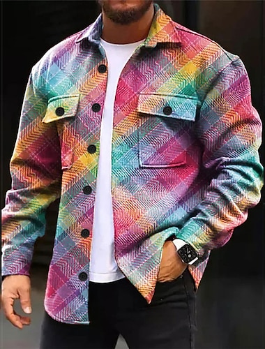  Herren Plaid Geometrische Muster Geometrie Hemd Hemdjacke Overshirt Langarm Brautkleider schlicht Outdoor Strasse Casual Herbst Winter Umlegekragen Knopf Tasche Bedruckt Gelb Blau Purpur