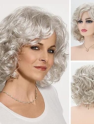  grå krøllete korte parykker for hvite kvinner sølv hvit blandet brun bølget bob parykk med smell syntetisk hår erstatning parykk julefest parykker