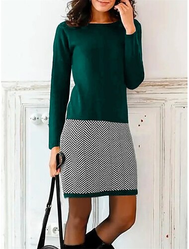  Damen Mini Kleid Sweatshirt Kleid Freizeitkleid Aktive Mode Outdoor Ausgehen Wochenende Rundhalsausschnitt Print Geometrisch Farbblock Lockere Passform Schwarz Braun Grün S M L XL XXL