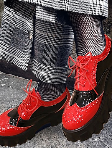 Mujer Mocasines Bullock Zapatos Tallas Grandes Mocasines con plataforma Diario Bloque de color Plataforma Talón de bloque Dedo redondo Punk Vintage Casual Zapatos de Paseo Cuero Patentado Cordones