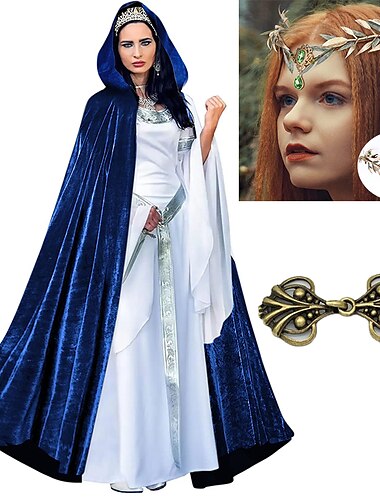  conjunto con capa de terciopelo con capucha diadema de diamantes de imitación de hoja de hadas clips de capa vintage 3 piezas trajes de longitud completa con capucha capa halloween carnaval vikingo