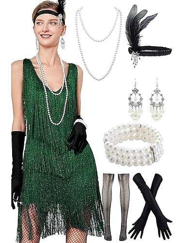  Retrò Vintage Anni Ruggenti Anni 1920 Abito Flapper Abiti Set di accessori Il grande Gatsby Invitato al matrimonio Paillettes Frangia con nappe Paillettes Nappa Scollo a V Per donna Halloween