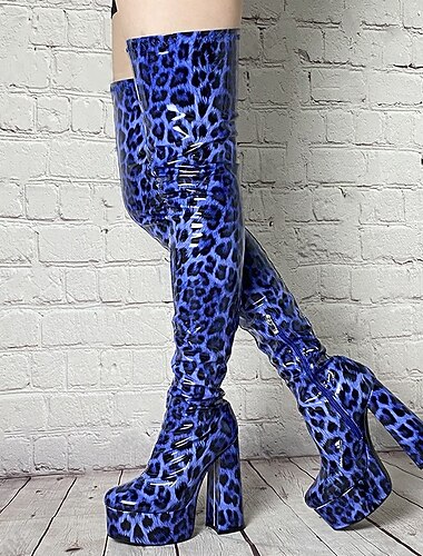  Sexy blauwe luipaardprint dijhoge platformlaarzen voor dames met dikke hakken – opvallende statementschoenen voor feesten, evenementen en avondjes uit