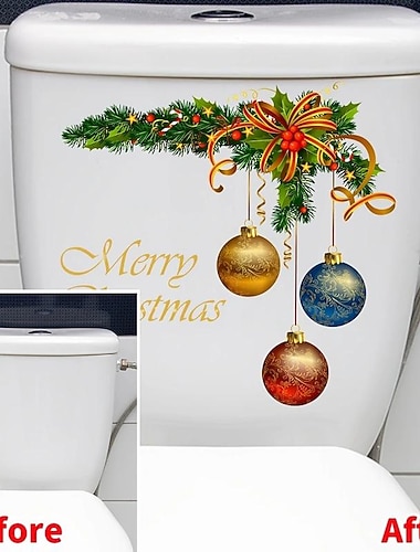  Pegatina con patrón de bolas navideñas de corona navideña, pegatina decorativa para tapa de inodoro, pegatina para tapa de inodoro, pegatina para tapa de inodoro, pegatinas removibles para renovación de baños