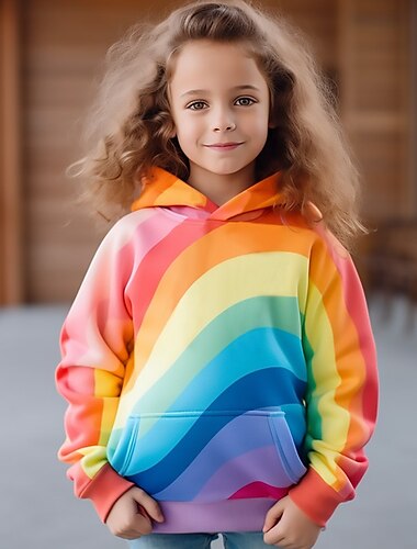  Девочки 3D Радужный Толстовка Pullover Длинный рукав 3D печать Осень Зима Активный Мода Симпатичные Стиль Полиэстер Дети 3-12 лет Капюшон на открытом воздухе Повседневные Стандартный