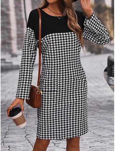  Women's Sweatshirt Dress Casual Dress Mini Dress Warm Active Outdoor Going out Weekend Crew Neck Print Color Block Houndstooth Loose Fit Black S M L XL XXL